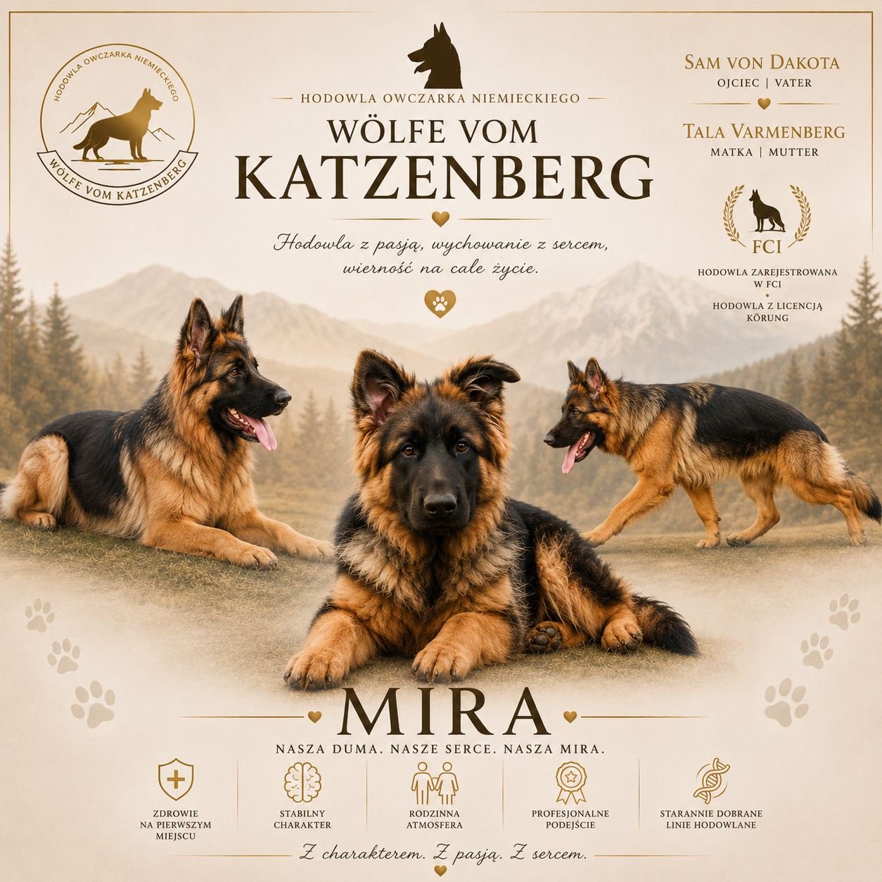 Mira Wölfe vom Katzenberg (FCI) — długowłosy owczarek niemiecki, córka Sam von Dakota i Tala Varmenberg